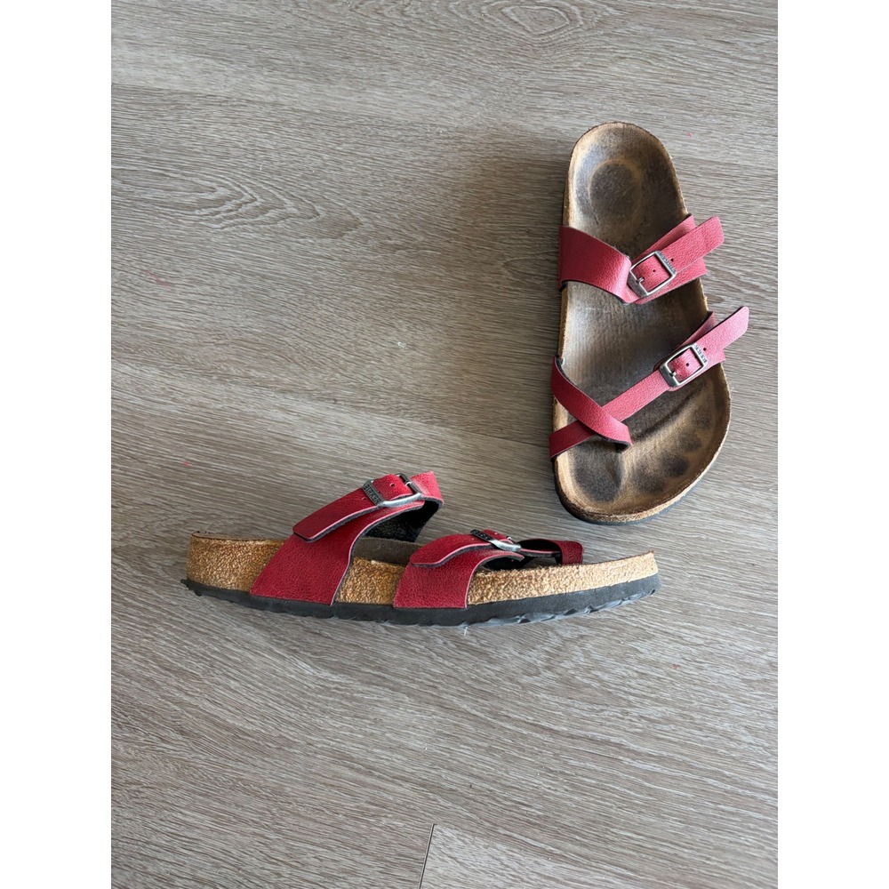 Birkenstock Mayari Red Strappy Toe Loop Sandals Womens Size 39 Cork Footbed